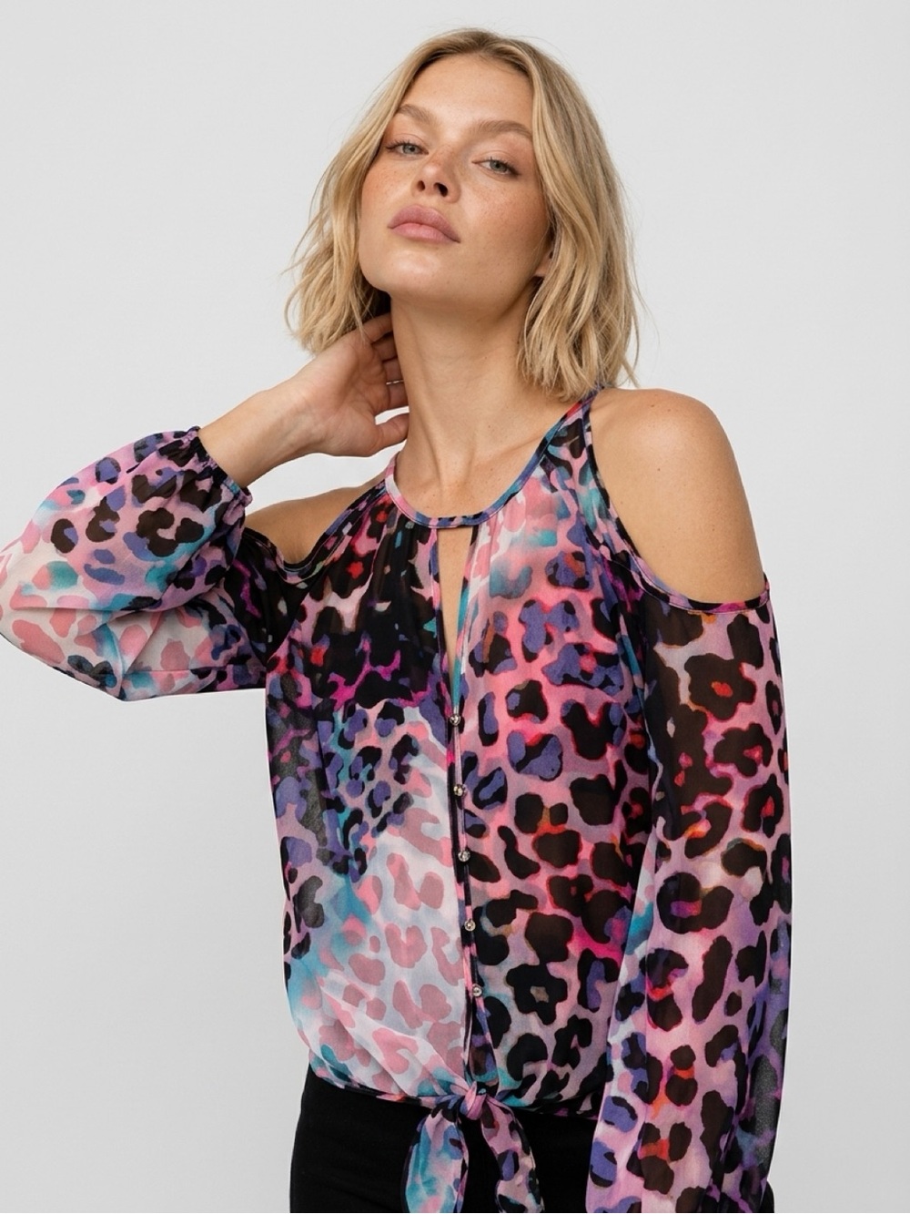 Bebe Women’s  Blouse Size XXS Leopard Tie Sheer Cold Shoulder Sleeves